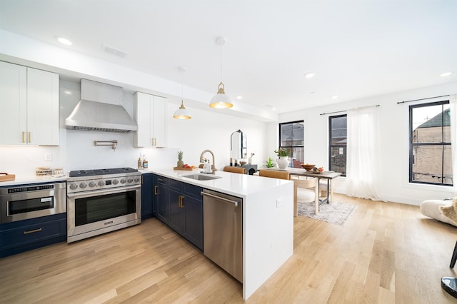 kitchen with visible vents, a sink, appliances with stainless steel finishes, a peninsula, and wall chimney range hood