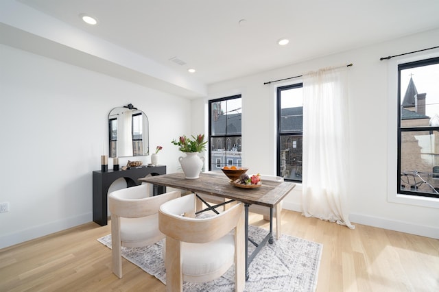 office with recessed lighting, baseboards, and light wood finished floors