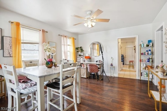 dining area featuring dark wood-style floors and ceiling fan