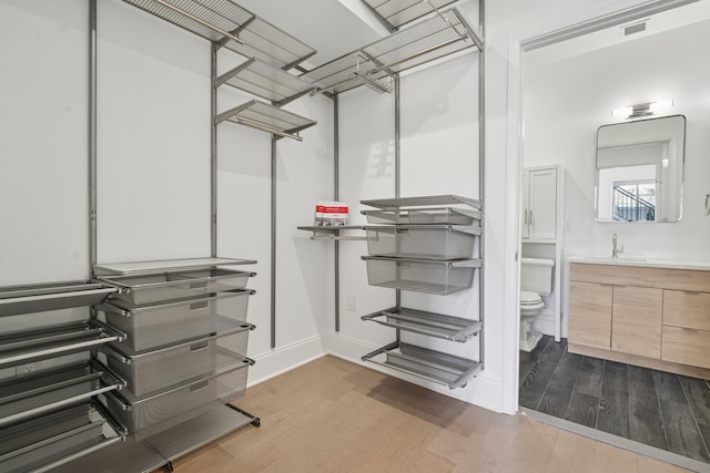 walk in closet with wood finished floors, visible vents, and a sink