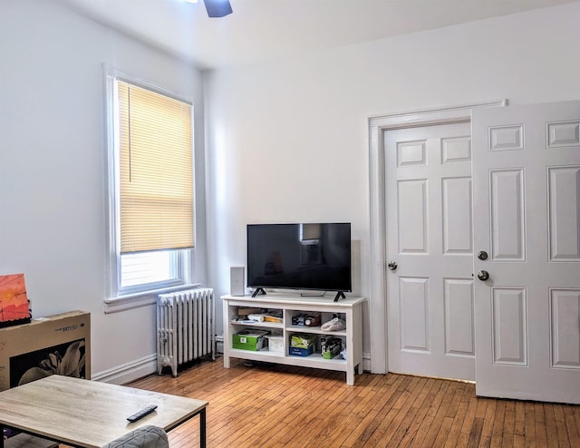 living room featuring radiator and light hardwood / wood-style floors