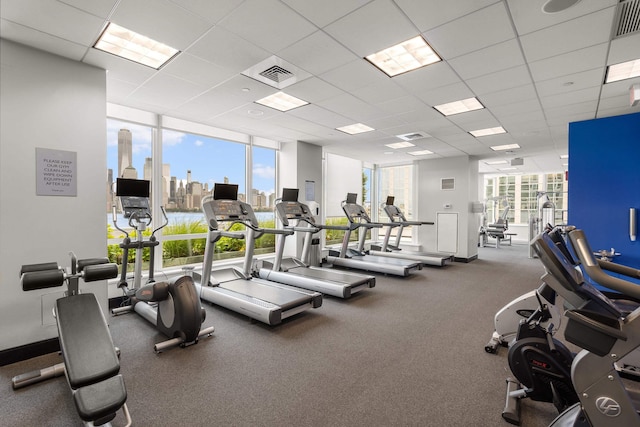 2 2nd St Unit 2106, Jersey City, NJ 07302 - gym with a drop ceiling, baseboards, and a wall of windows