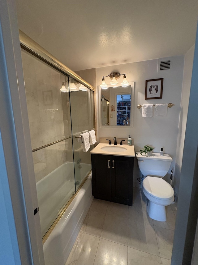 full bath featuring toilet, enclosed tub / shower combo, and vanity