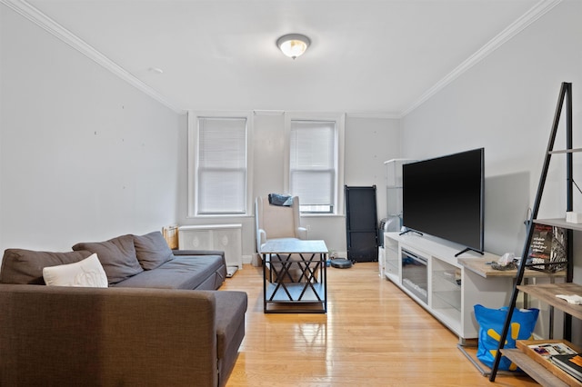 living room featuring ornamental molding, light wood-type flooring, and radiator heating unit