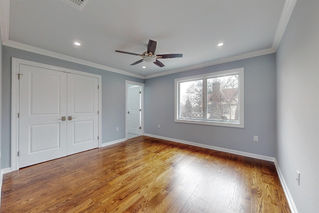 30 Cortland Pl, Cliffside Park, NJ 07010 - unfurnished bedroom with baseboards, recessed lighting, wood finished floors, and crown molding