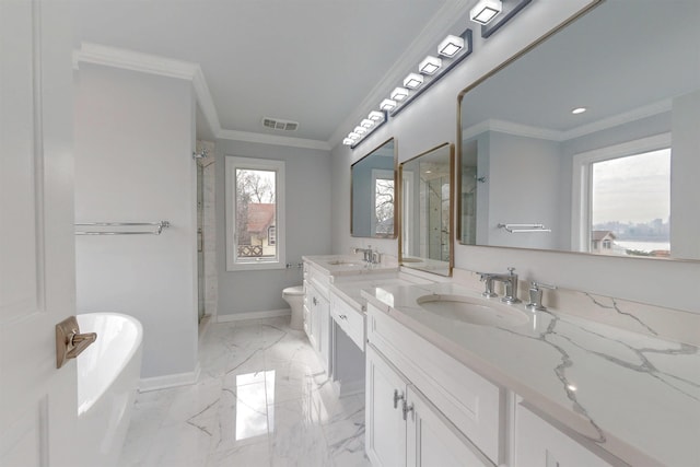 30 Cortland Pl, Cliffside Park, NJ 07010 - full bathroom with marble finish floor, toilet, ornamental molding, a sink, and a shower stall