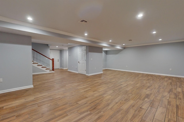 30 Cortland Pl, Cliffside Park, NJ 07010 - finished basement featuring light wood-style flooring, stairs, visible vents, and recessed lighting