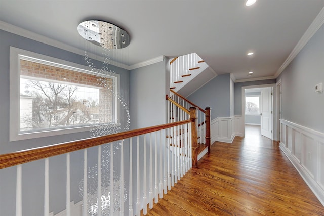 30 Cortland Pl, Cliffside Park, NJ 07010 - hallway with a wainscoted wall, recessed lighting, stairway, ornamental molding, and wood finished floors