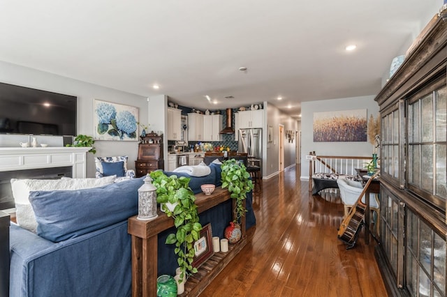 living room with dark wood-type flooring