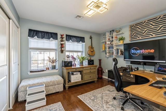 home office featuring dark hardwood / wood-style floors