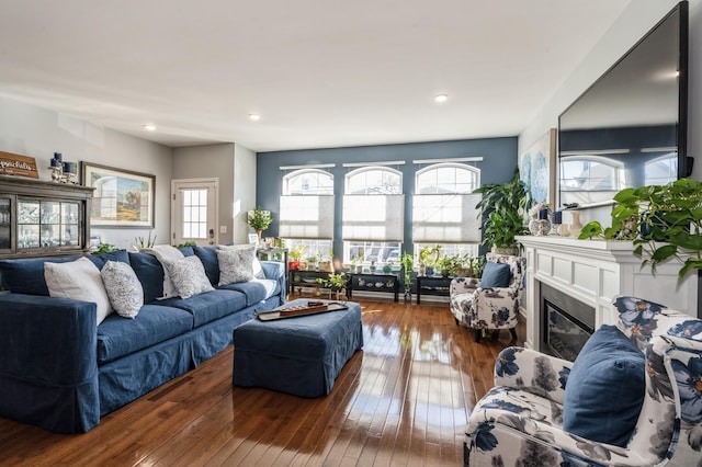 living room with dark wood-type flooring