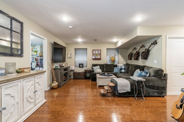 living room with wood-type flooring and a fireplace