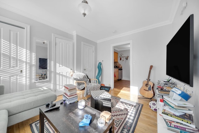 living room featuring light hardwood / wood-style floors and crown molding