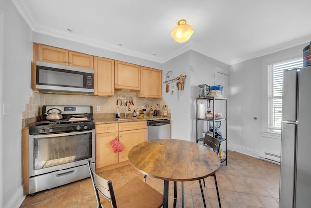 kitchen with appliances with stainless steel finishes, light brown cabinetry, tasteful backsplash, and a baseboard heating unit