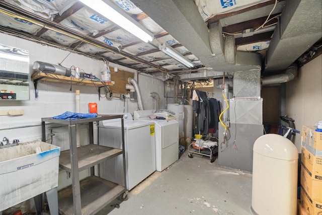 unfinished below grade area with washer and dryer, a sink, and heating unit