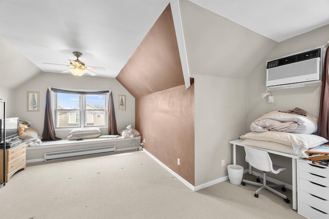 bedroom featuring light carpet, baseboards, a baseboard heating unit, and lofted ceiling