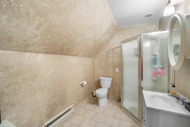 bathroom with lofted ceiling, a shower stall, toilet, and vanity