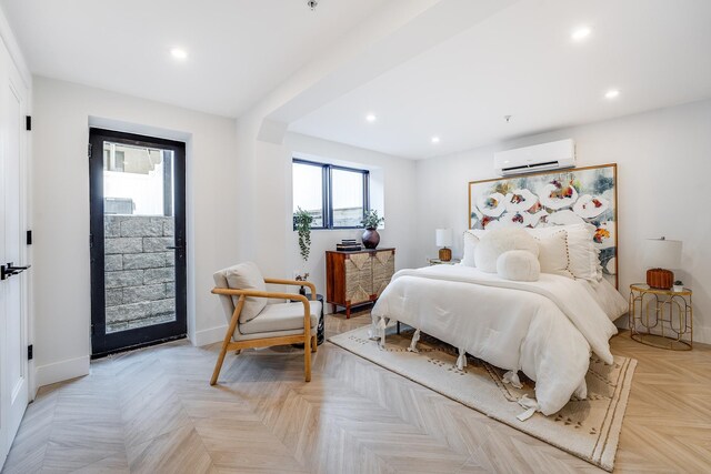 211 5th St Unit 1L, Jersey City, NJ 07302 - bedroom with a wall mounted air conditioner, recessed lighting, baseboards, and access to exterior