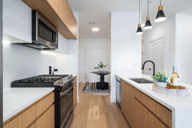 kitchen with hanging light fixtures, light hardwood / wood-style flooring, sink, and appliances with stainless steel finishes