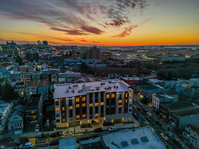 view of aerial view at dusk