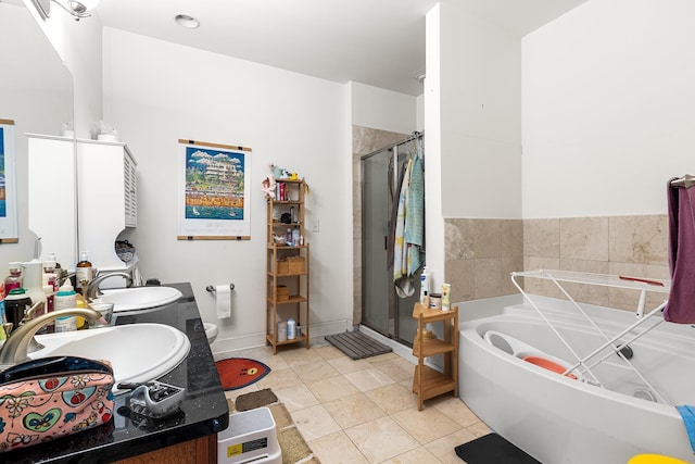 bathroom featuring a sink, a stall shower, a bath, and tile patterned flooring