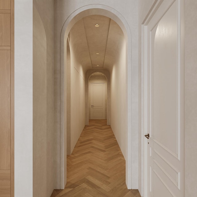 corridor featuring light parquet flooring