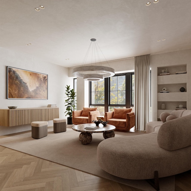 living room featuring built in features and parquet flooring