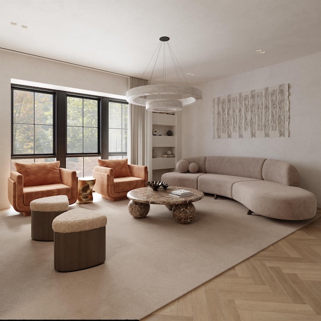 living room featuring parquet flooring