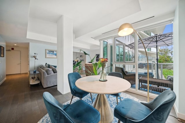 dining room with dark hardwood / wood-style floors and a raised ceiling