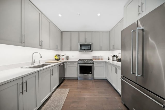 kitchen with stainless steel appliances, dark wood-type flooring, sink, and gray cabinetry