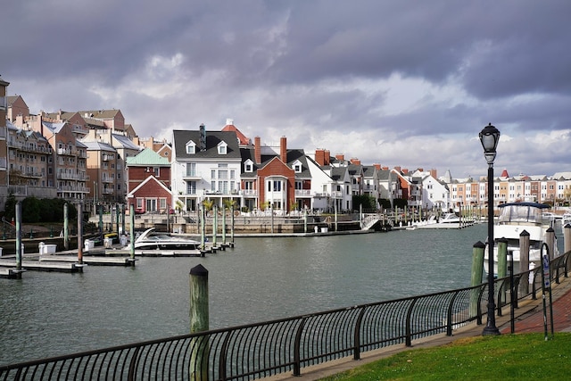 property view of water featuring a boat dock and a residential view