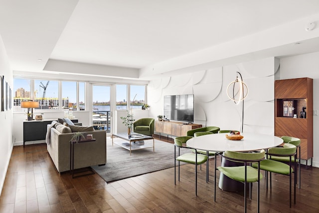 living area with plenty of natural light and dark wood-style flooring