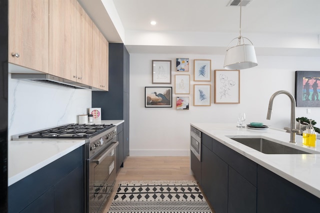 kitchen featuring high end stove, a sink, baseboards, and modern cabinets