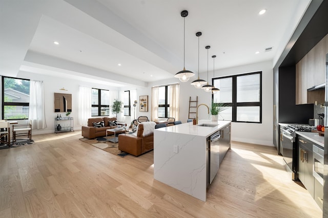 kitchen with a center island with sink, sink, light hardwood / wood-style flooring, decorative light fixtures, and stainless steel appliances