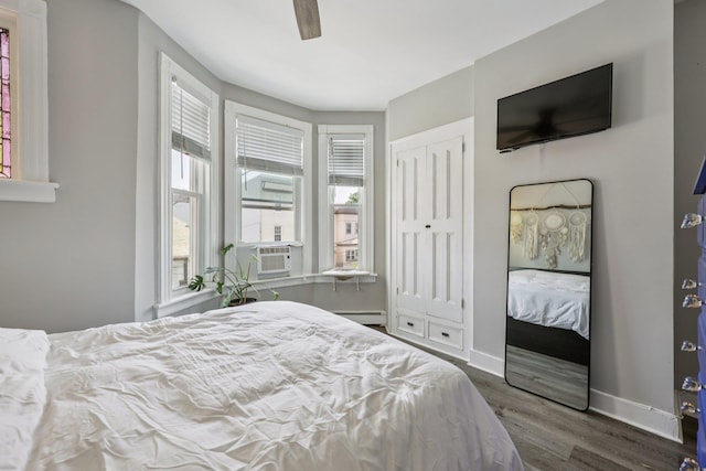 75 Poplar St, Jersey City, NJ 07307 - bedroom featuring multiple windows, baseboard heating, wood finished floors, and a closet