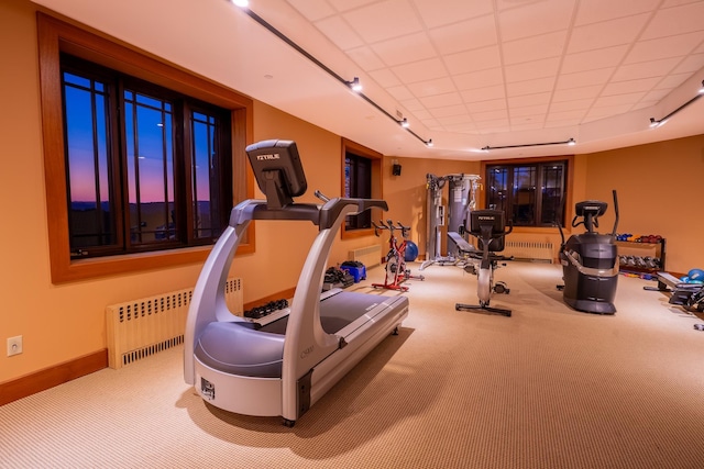 exercise area with radiator, track lighting, and carpet flooring