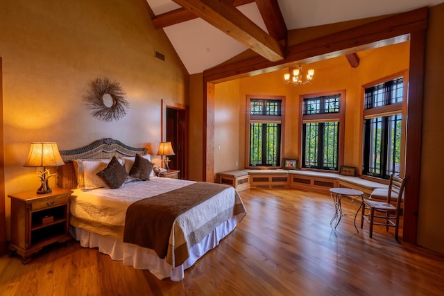 bedroom featuring a notable chandelier, hardwood / wood-style flooring, high vaulted ceiling, and beamed ceiling