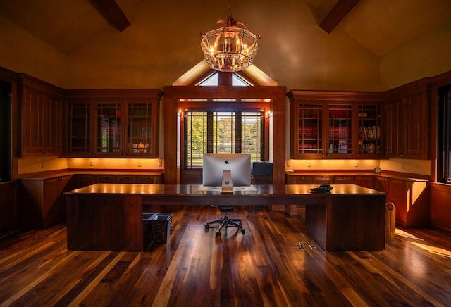 home office with beamed ceiling, dark hardwood / wood-style flooring, a chandelier, and high vaulted ceiling