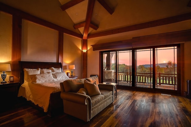 bedroom featuring dark hardwood / wood-style flooring, lofted ceiling with beams, and access to outside