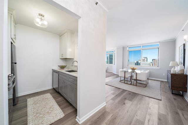 20 2nd St Unit 2503, Jersey City, NJ 07302 - bar with stainless steel dishwasher, a sink, light wood-style flooring, baseboards, and decorative backsplash