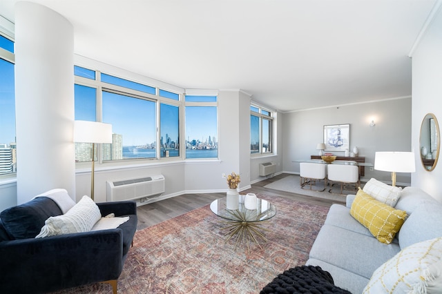 20 2nd St Unit 2503, Jersey City, NJ 07302 - living area with a wall unit AC, wood finished floors, plenty of natural light, and baseboards