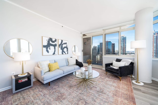 20 2nd St Unit 2503, Jersey City, NJ 07302 - living area with a skyline view, plenty of natural light, wood finished floors, baseboards, and ornamental molding