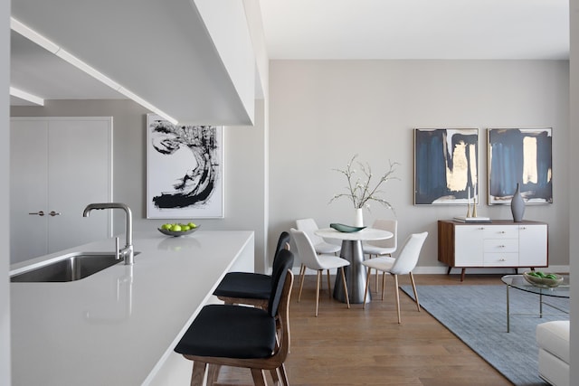 dining space featuring hardwood / wood-style flooring and sink