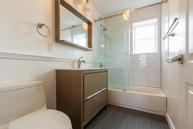 385 1st St, Jersey City, NJ 07302 - full bath with toilet, shower / washtub combination, wainscoting, and vanity