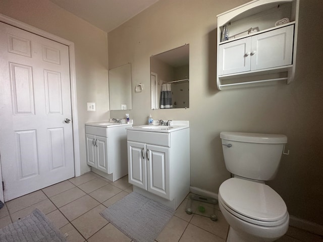 bathroom with vanity, a shower with shower curtain, tile patterned flooring, and toilet