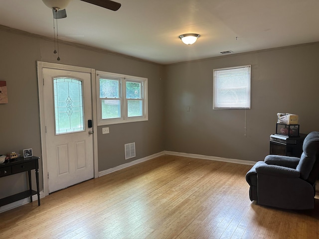 entryway featuring ornamental molding, light hardwood / wood-style floors, and a healthy amount of sunlight