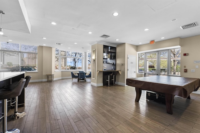 rec room with recessed lighting, pool table, visible vents, and baseboards