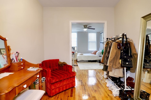 bedroom featuring hardwood / wood-style flooring and ceiling fan