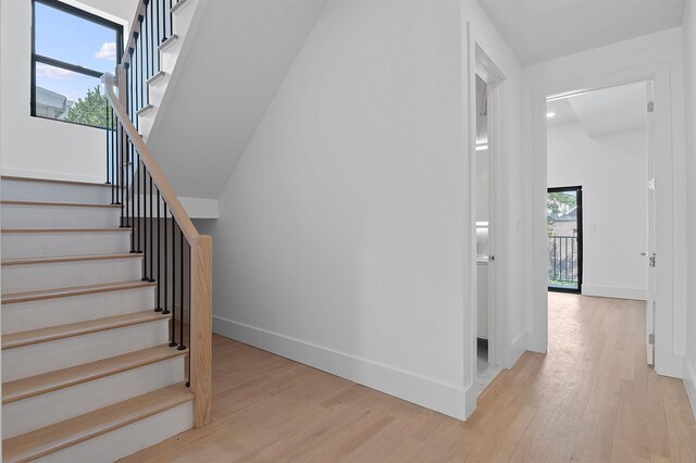 staircase with wood-type flooring