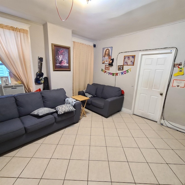 tiled living room featuring cooling unit